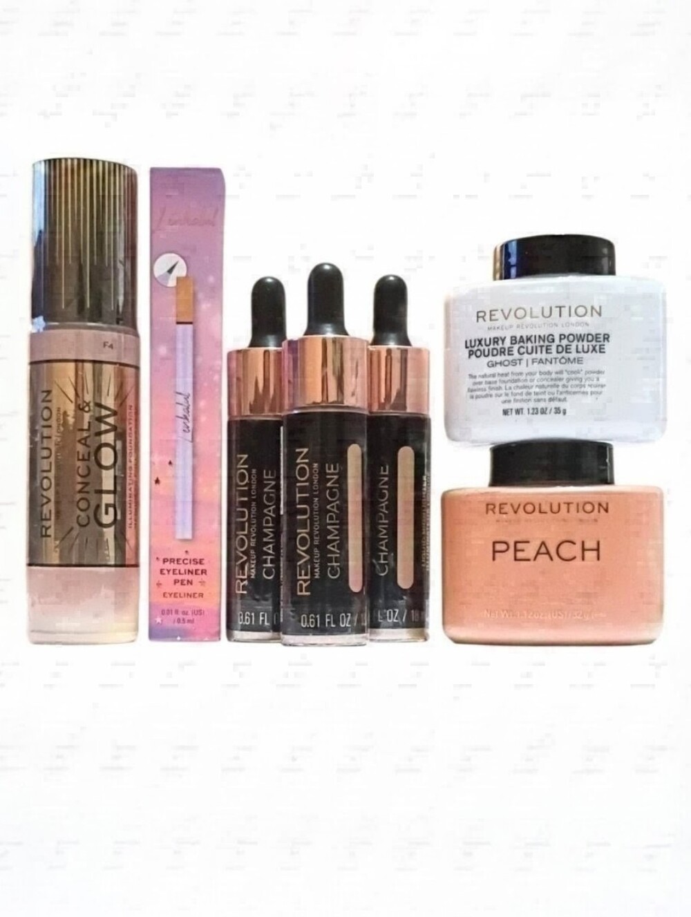 Revolution Makeup Bundle Conceal & Glow F4 + 3 Champagne Highlighters + 2 Powder